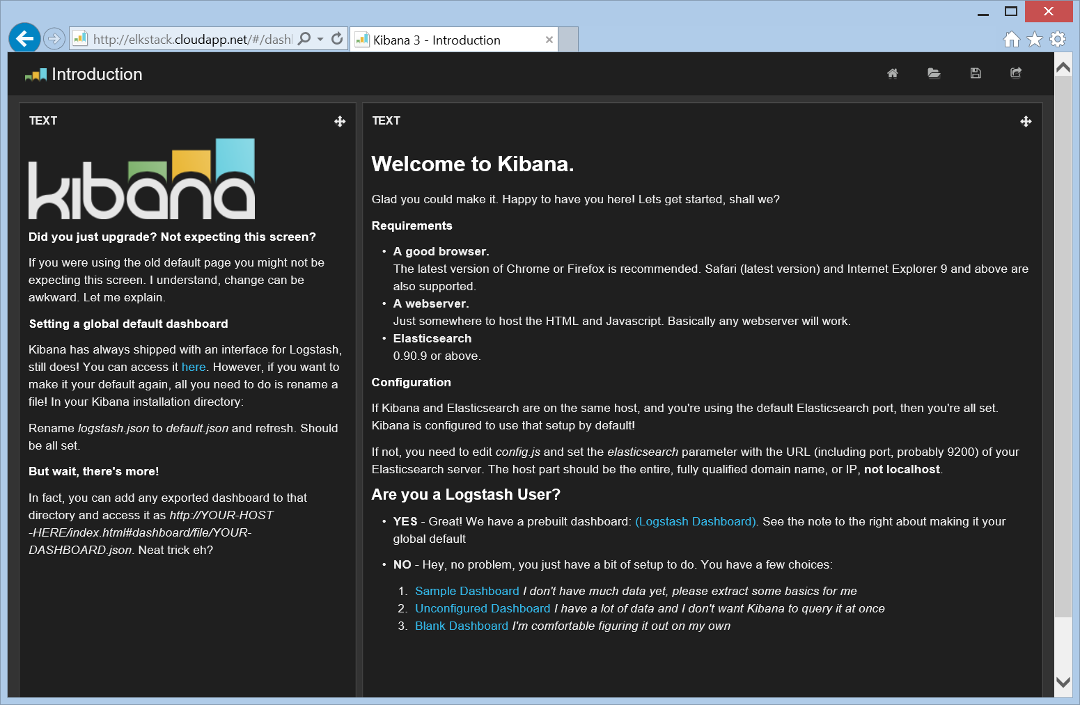 Kibana Welcome Screen